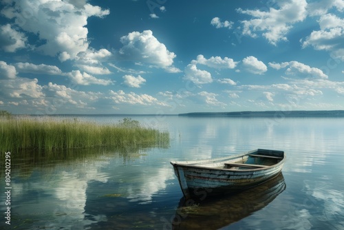 A small boat peacefully floating on the calm lake water, surrounded by the vast landscape © Ilia Nesolenyi