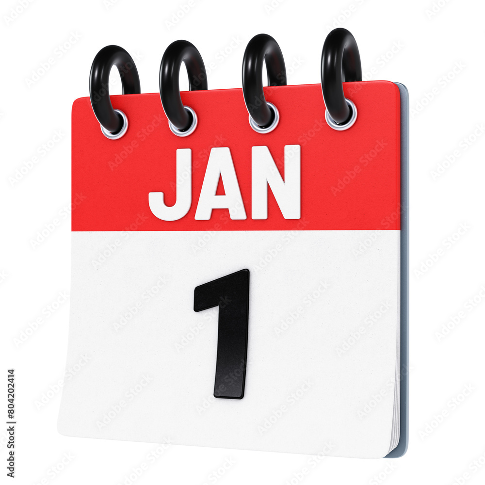 January 1 date displayed on stylized three-dimensional flip calendar icon isolated on transparent background. 3D rendering