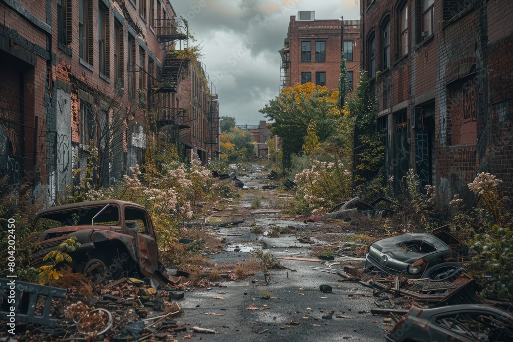 A wide-angle view of an old run-down city street filled with debris and overgrown vegetation, featuring a broken-down car in the foreground