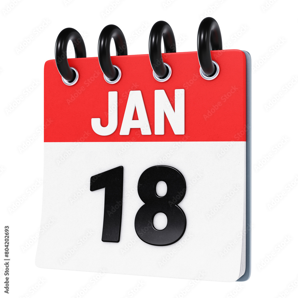 January 18 date displayed on stylized three-dimensional flip calendar icon isolated on transparent background. 3D rendering January 18 date displayed on stylized three-dimensional flip calendar icon isolated on transparent background. 3D rendering