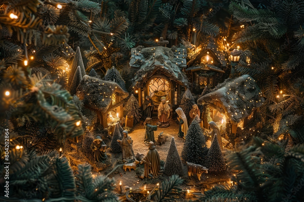 A detailed nativity scene displayed within the branches of a Christmas tree illuminated by twinkling fairy lights