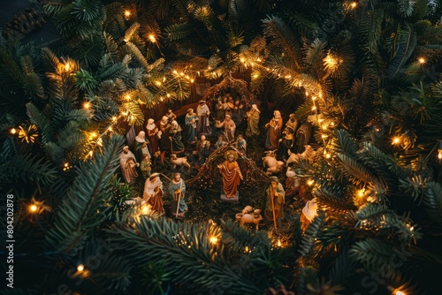 A festive Christmas tree adorned with numerous figurines depicting a nativity scene  surrounded by twinkling fairy lights