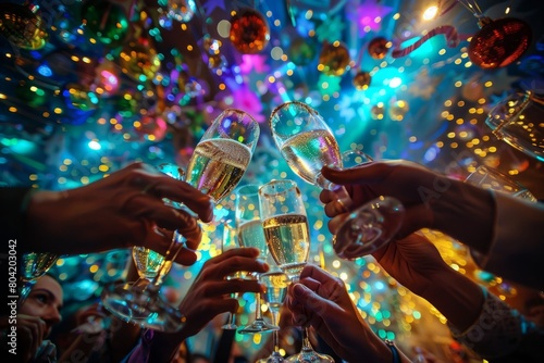 Group of friends raising champagne glasses in a toast captured from a low angle