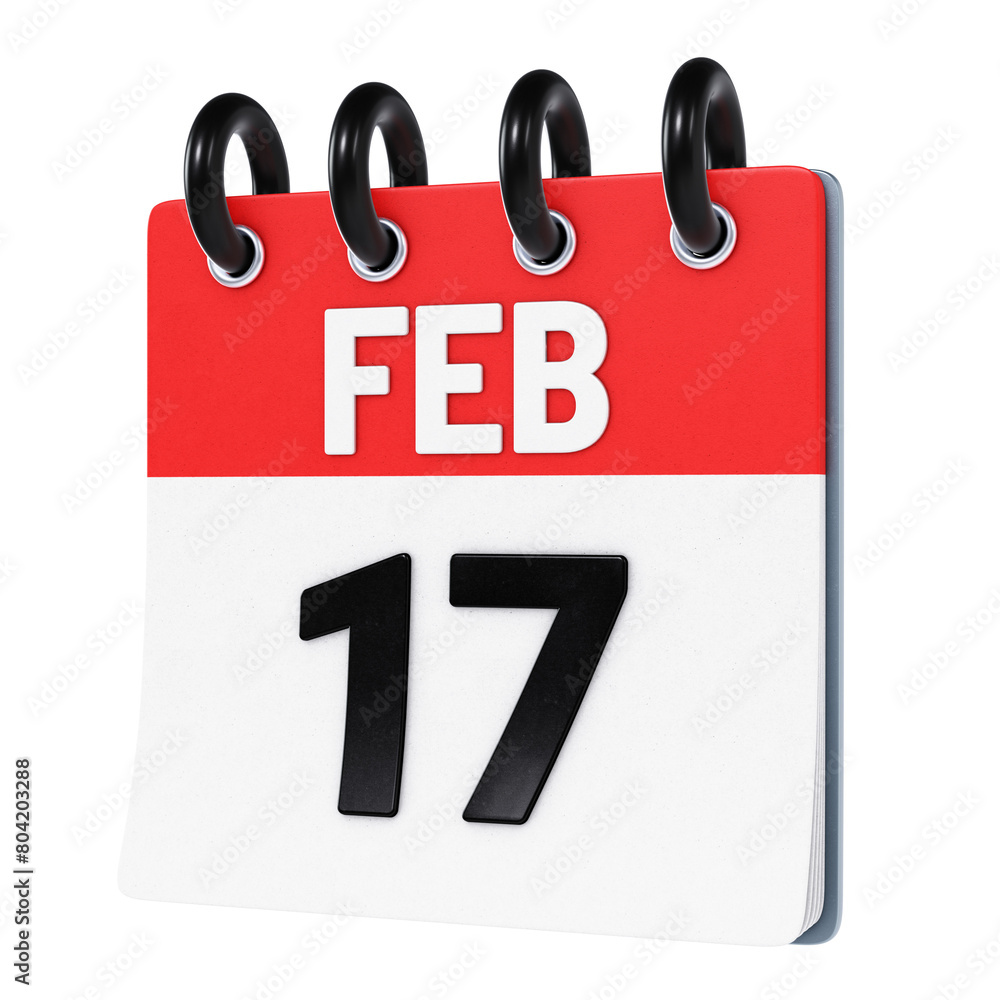 February 17 date displayed on stylized three-dimensional flip calendar icon isolated on transparent background. 3D rendering February 17 date displayed on stylized three-dimensional flip calendar icon isolated on transparent background. 3D rendering