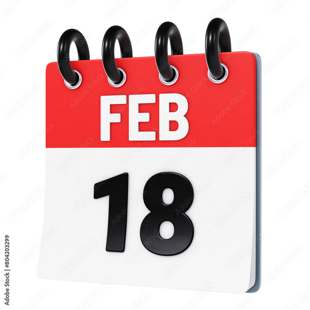 February 18 date displayed on stylized three-dimensional flip calendar icon isolated on transparent background. 3D rendering February 18 date displayed on stylized three-dimensional flip calendar icon isolated on transparent background. 3D rendering