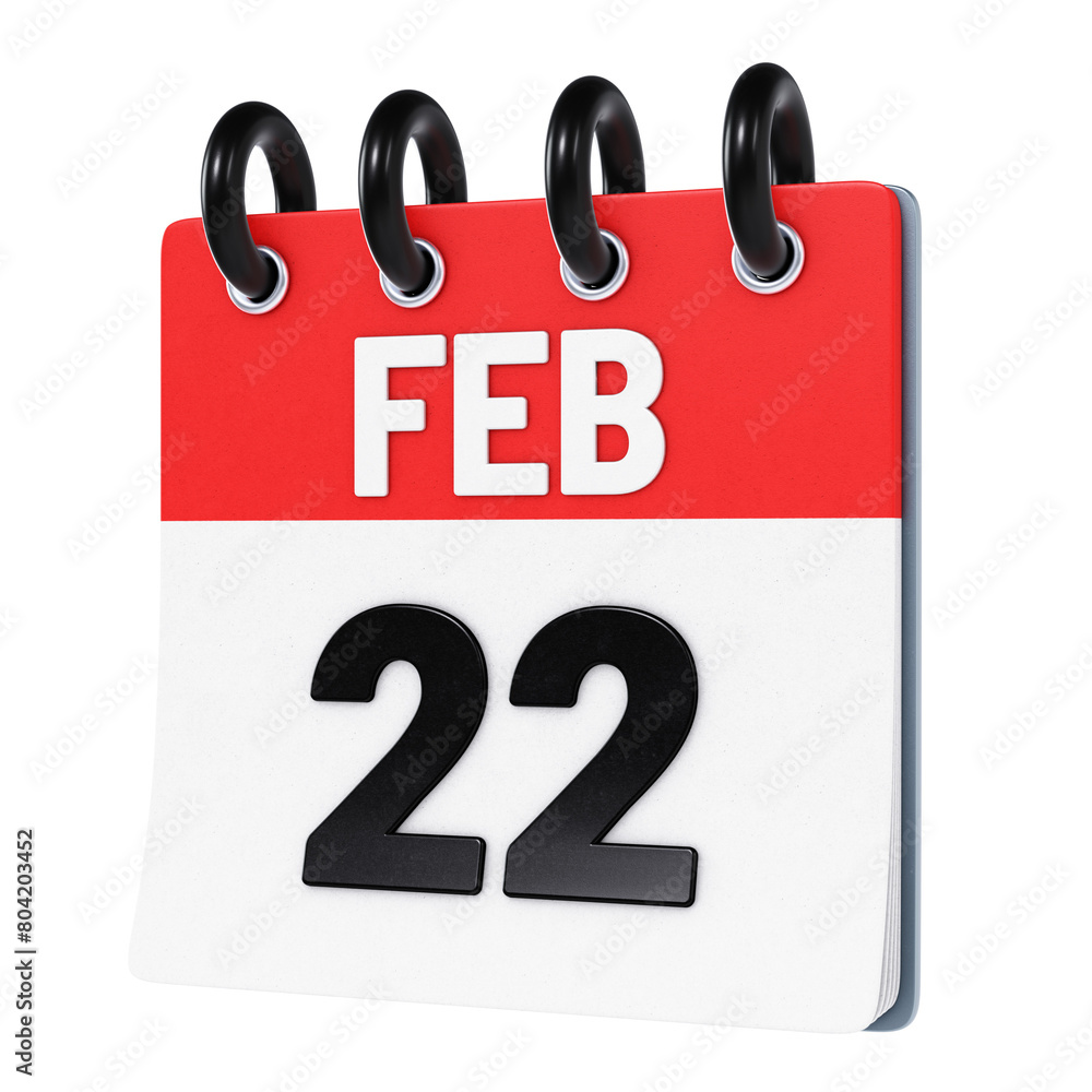 February 22 date displayed on stylized three-dimensional flip calendar icon isolated on transparent background. 3D rendering February 22 date displayed on stylized three-dimensional flip calendar icon isolated on transparent background. 3D rendering