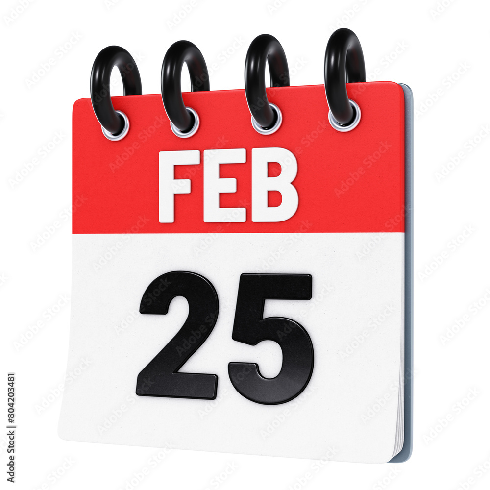February 25 date displayed on stylized three-dimensional flip calendar icon isolated on transparent background. 3D rendering February 25 date displayed on stylized three-dimensional flip calendar icon isolated on transparent background. 3D rendering