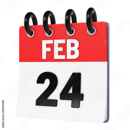 February 24 date displayed on stylized three-dimensional flip calendar icon isolated on transparent background. 3D rendering