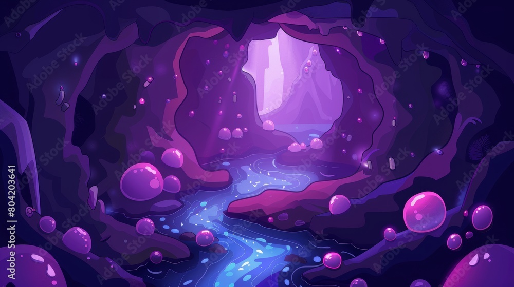Dark toxic cave cartoon game background. Fantasy underground landscape ...