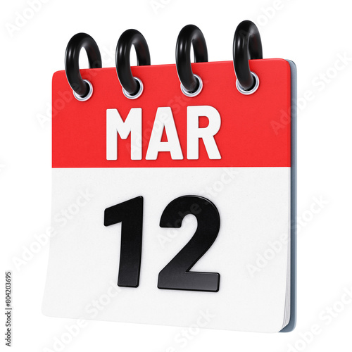 March 12 date displayed on stylized three-dimensional flip calendar icon isolated on transparent background. 3D rendering