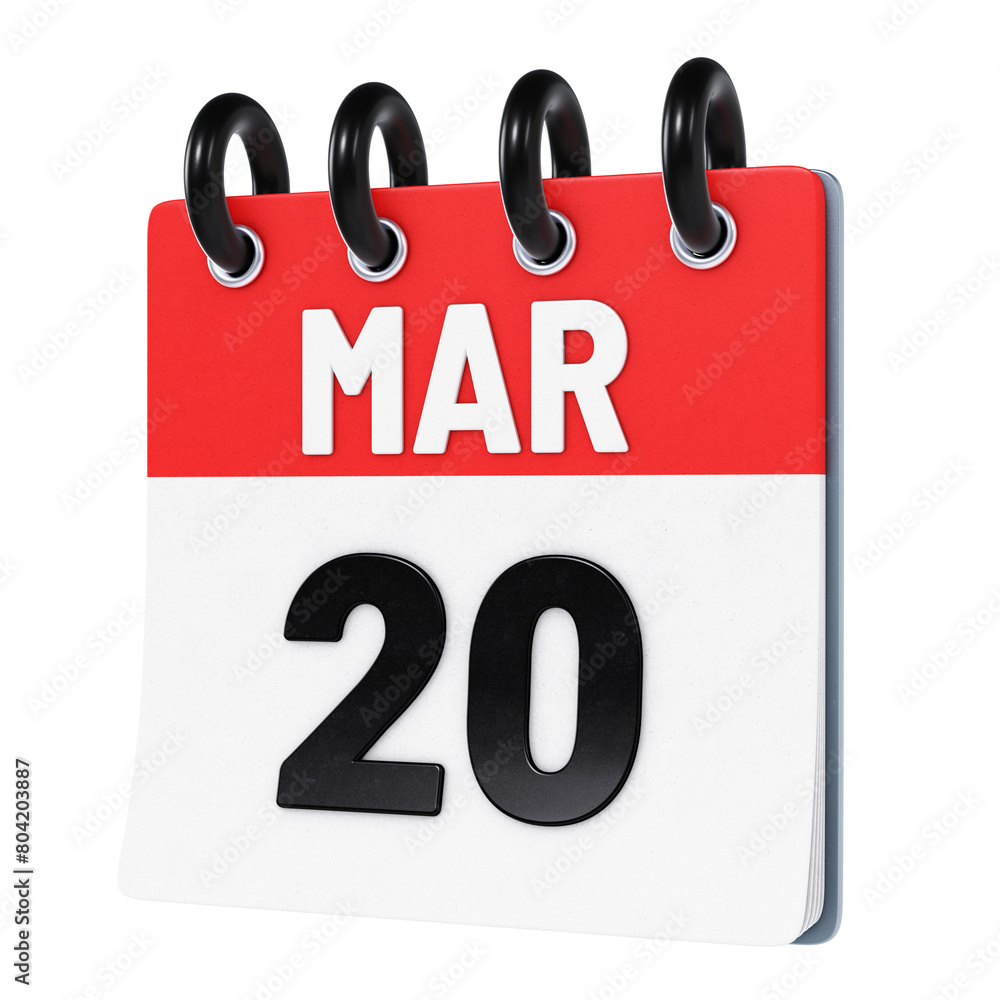 March 20 date displayed on stylized three-dimensional flip calendar icon isolated on transparent background. 3D rendering March 20 date displayed on stylized three-dimensional flip calendar icon isolated on transparent background. 3D rendering