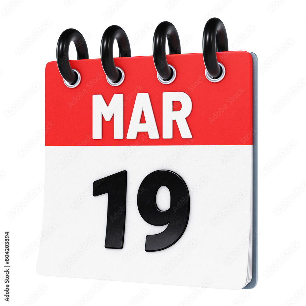March 19 date displayed on stylized three-dimensional flip calendar icon isolated on transparent background. 3D rendering March 19 date displayed on stylized three-dimensional flip calendar icon isolated on transparent background. 3D rendering