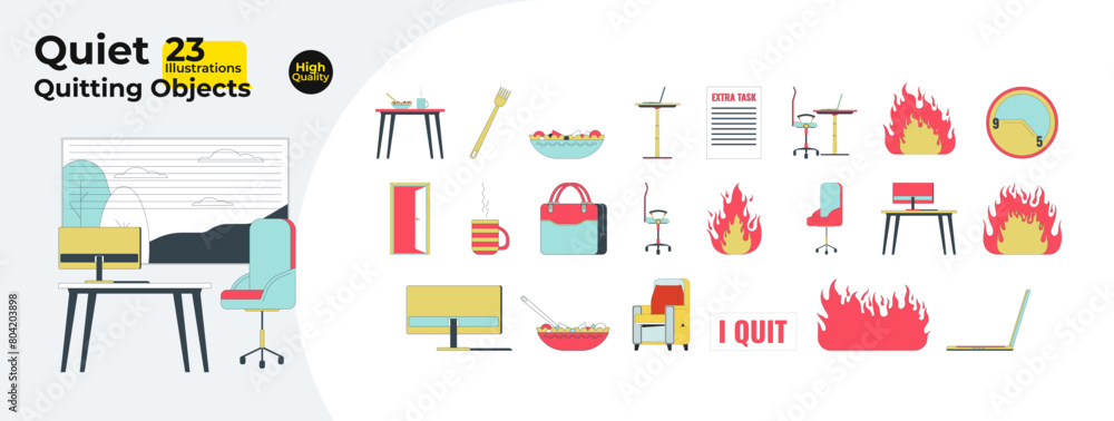 Workplace culture 2D linear cartoon objects bundle. Burnout fire, workspace furniture isolated line vector items white background. Work lunch, quitting job color flat spot illustration collection