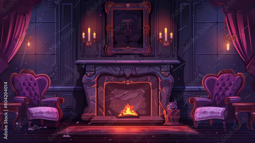 Vintage living room with a burning fireplace cartoon illustration. Dark ...