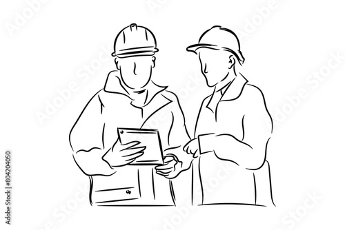 Engineers analysis inspection and progress check, hand drawn line art vector illustration