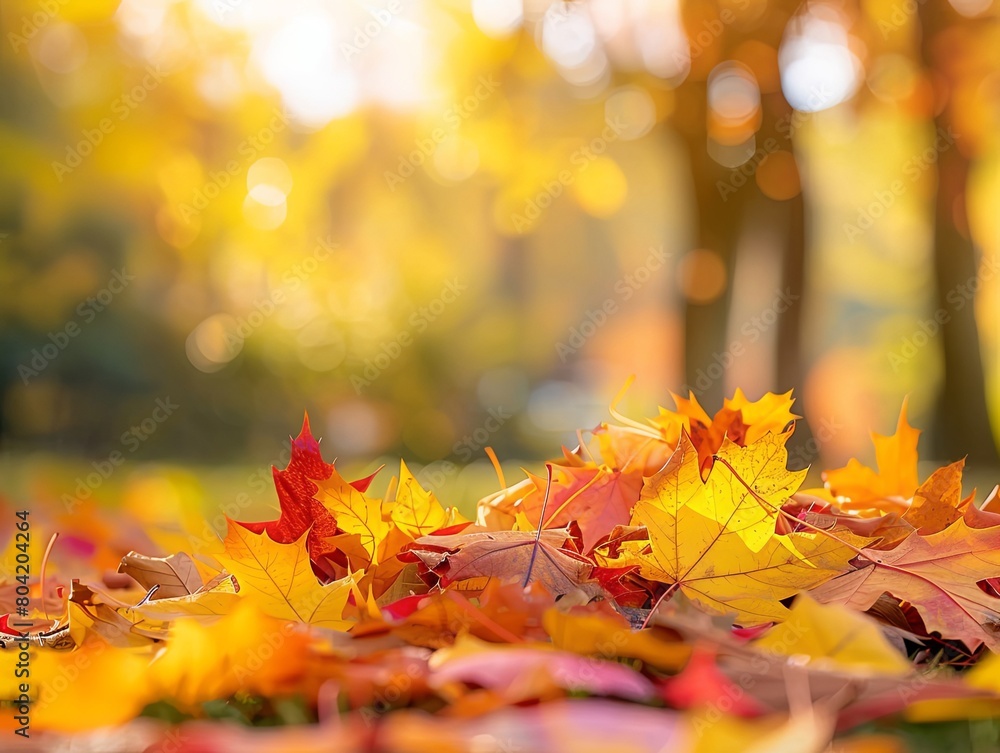 Closeup of a pile of crisp fall leaves with a blurred park scene in the background, perfect for autumn themes Closeup of a pile of crisp fall leaves with a blurred park scene in the background, perfect for autumn themes