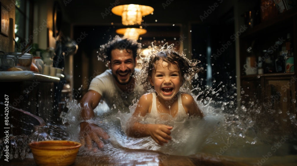 Joyful Father and Daughter Having Fun Splashing Water in the Kitchen