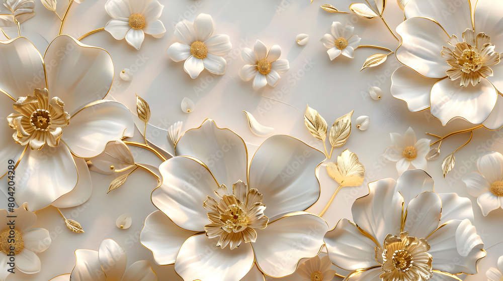 3d luxury floral white flower leaves and golden wall wallpaper.interior wall home decorative background.generative ai 3d luxury floral white flower leaves and golden wall wallpaper.interior wall home decorative background.generative ai