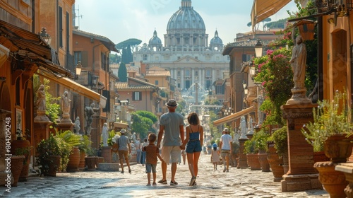 Fototapeta Naklejka Na Ścianę i Meble -  Family of Four Exploring Historical Streets in Rome on a Sunny Day