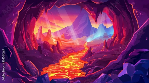 A cartoon volcano cave with lava flowing inside. Modern illustration of underground hell landscape, an unstable stone bridge that crosses a hot magma river, and rocky mountain walls. photo