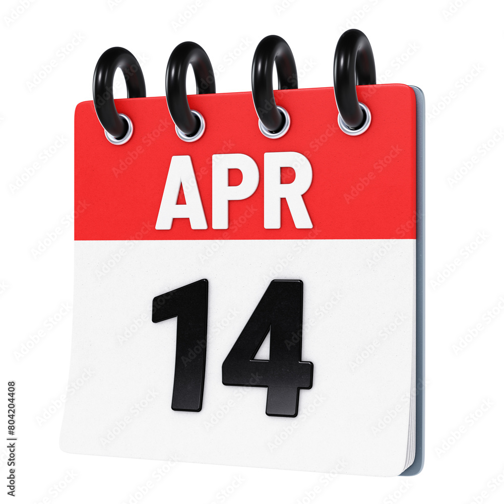 April 14 date displayed on stylized three-dimensional flip calendar icon isolated on transparent background. 3D rendering April 14 date displayed on stylized three-dimensional flip calendar icon isolated on transparent background. 3D rendering