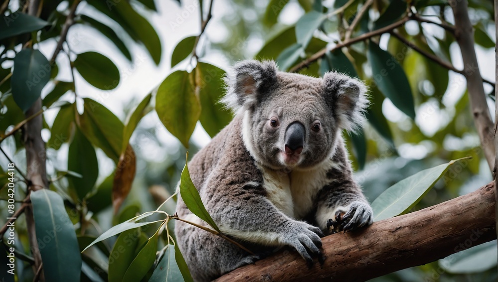 Fototapeta premium Koala Bear Sit On The Branch of the tree and eat leaves