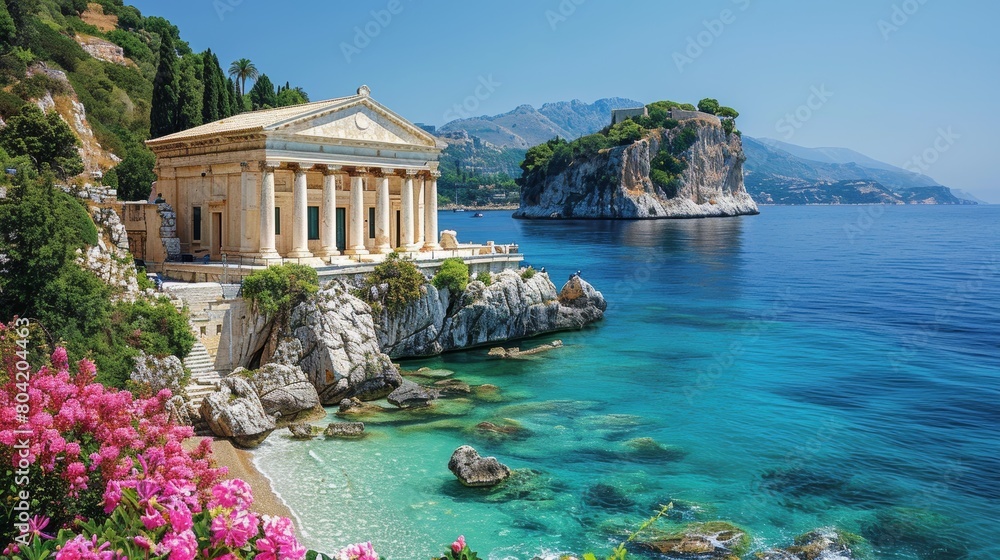 Fototapeta premium Stunning View of Hellenic Temple and Serene Coastline on Corfu Island, Greece