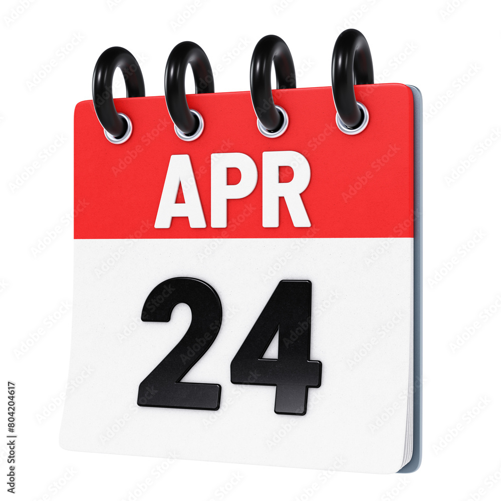 April 24 date displayed on stylized three-dimensional flip calendar icon isolated on transparent background. 3D rendering April 24 date displayed on stylized three-dimensional flip calendar icon isolated on transparent background. 3D rendering