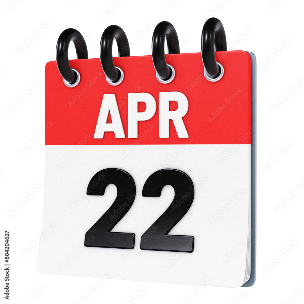 April 22 date displayed on stylized three-dimensional flip calendar icon isolated on transparent background. 3D rendering April 22 date displayed on stylized three-dimensional flip calendar icon isolated on transparent background. 3D rendering