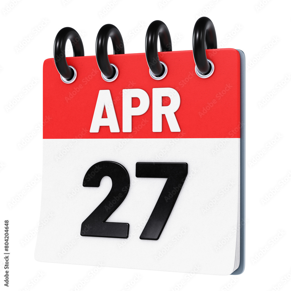 April 27 date displayed on stylized three-dimensional flip calendar icon isolated on transparent background. 3D rendering April 27 date displayed on stylized three-dimensional flip calendar icon isolated on transparent background. 3D rendering