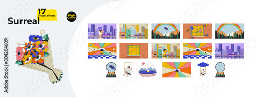 Dreaming surrealistic 2D linear illustrations concepts bundle. Surreal absurd cartoon vector flat scenes. Giant cat, teabag lake, flying car, psychedelic metaphors abstract graphic collection