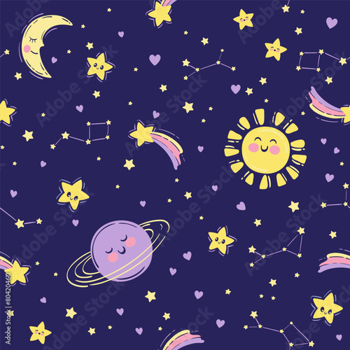 Vector hand drawn seamless pattern. Cute background with sleeping moon, sun, stars, planets. Night sky, baby print in dark blue colors © Nataliia