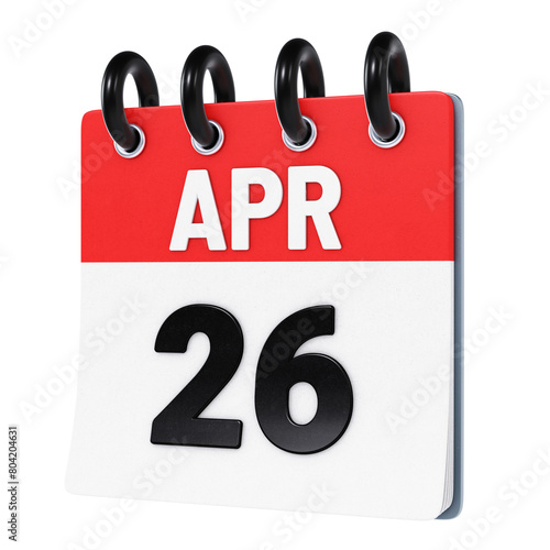 April 26 date displayed on stylized three-dimensional flip calendar icon isolated on transparent background. 3D rendering