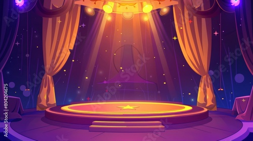 Carnival tent with round arena scene, amusement show illustration. Yellow theater curtain with podium and spotlight illustration. Vintage marquee perform platform.