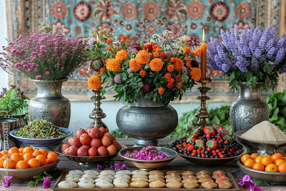 Colorful Nowruz Haft Sin Table Set Against Traditional Persian Rug