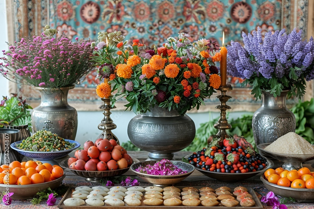 Fototapeta premium Colorful Nowruz Haft Sin Table Set Against Traditional Persian Rug