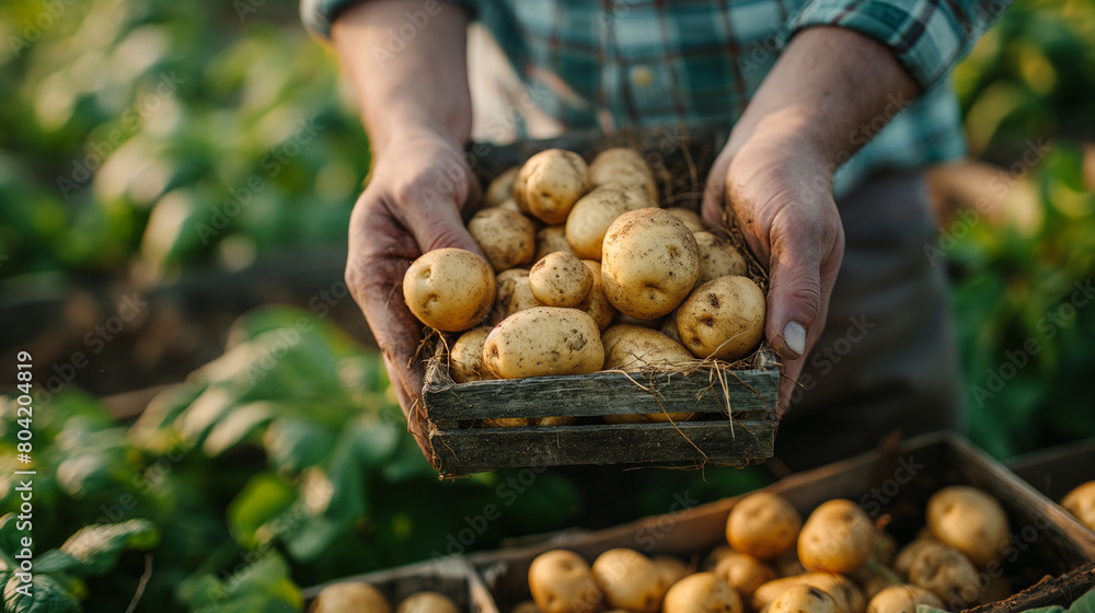 Farmer holds freshly picked potatoes in the field. Harvesting organic vegetables. Agriculture and farming. Selective focus. Farmer holds freshly picked potatoes in the field. Harvesting organic vegetables. Agriculture and farming. Selective focus.