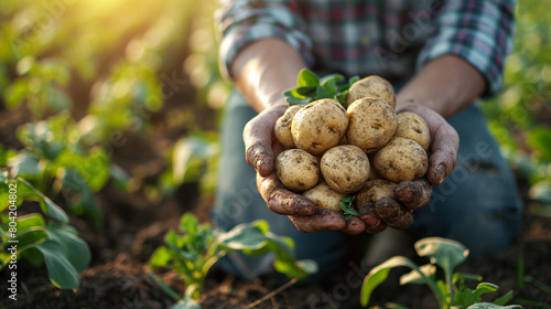 Farmer holds freshly picked potatoes in the field. Harvesting organic vegetables. Agriculture and farming. Selective focus.
