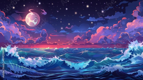 Ocean wave, blue sky, and full moon modern background. Sea cartoon panorama. Clear skyline with waves splashing. Wild seaside with foam and splashing waves modern background.