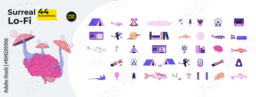 Surreal magical 2D linear cartoon objects bundle. Fly agaric brain, campsite, koi fish isolated line vector items white background. Psychedelic nature color flat spot illustration collection