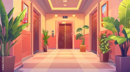 In an empty hotel entrance hallway with closed doors to apartments, metal lift gates, and plants, a modern cartoon illustration of a corridor with elevators and rooms.