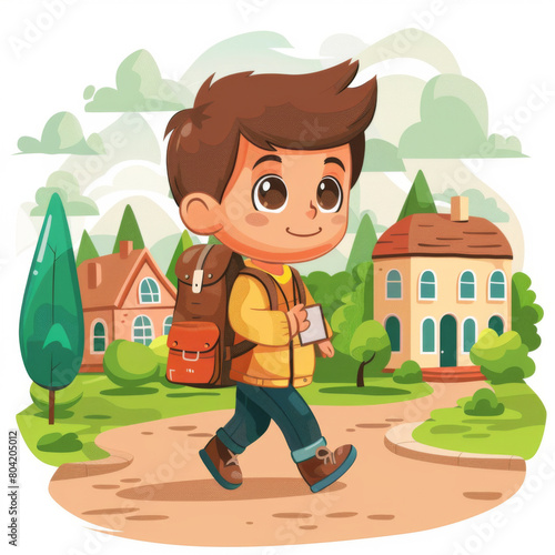 Colorful illustration of a young boy walking home from school through a lush neighborhood.