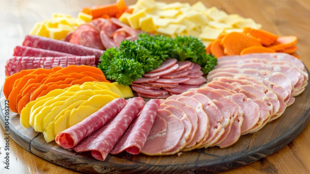 Artfully arranged cured ham, fresh carrot juice, and homemade mustard sauce on wooden table Artfully arranged cured ham, fresh carrot juice, and homemade mustard sauce on wooden table