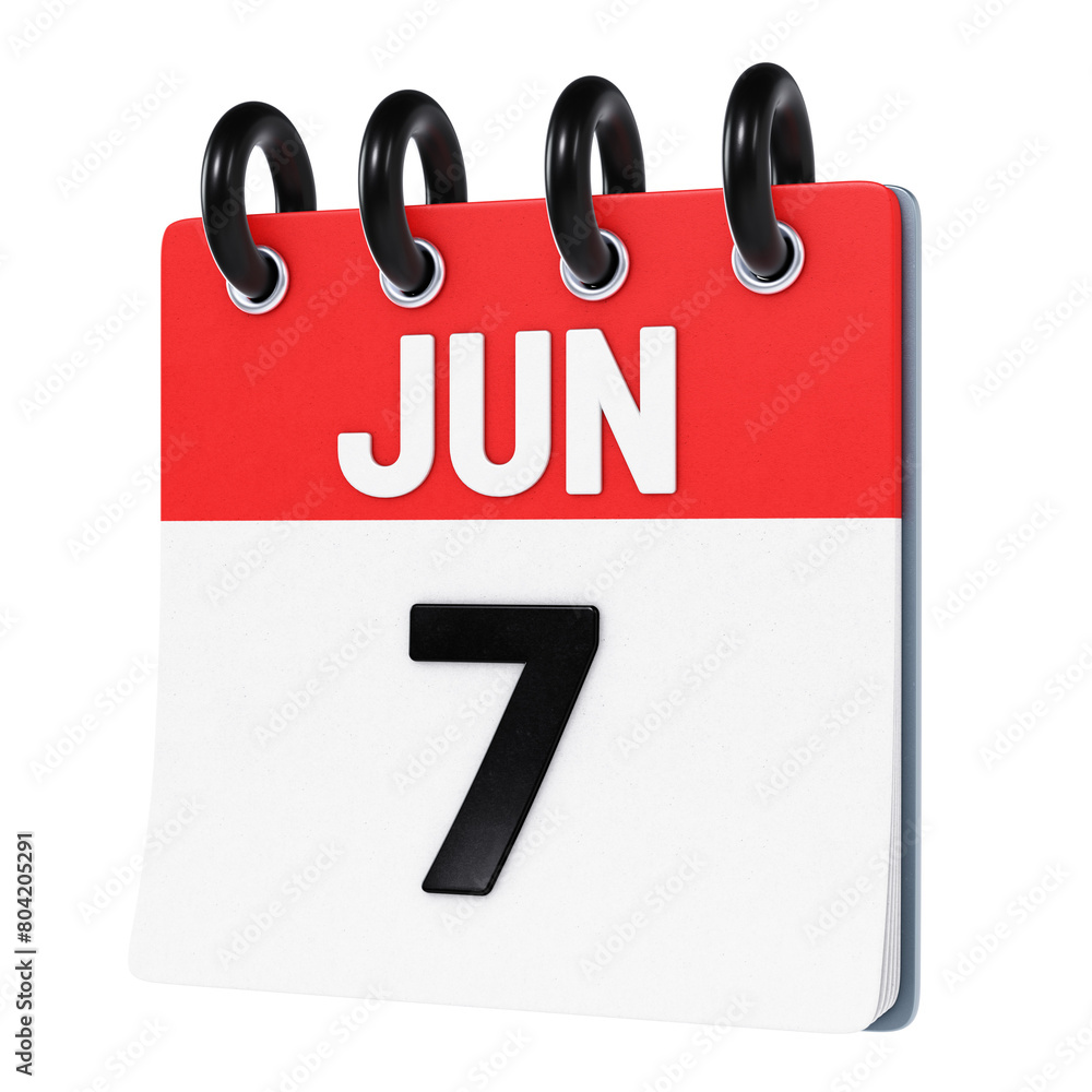 June 7 date displayed on stylized three-dimensional flip calendar icon isolated on transparent background. 3D rendering June 7 date displayed on stylized three-dimensional flip calendar icon isolated on transparent background. 3D rendering