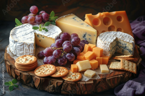 Cheese board for Jewish holiday Shavuot, for Harvest.  Variety of cheeses, grapes, biscuits on wooden background.