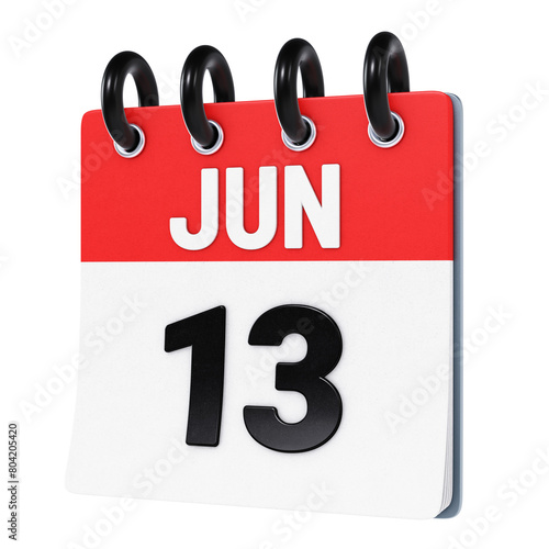 June 13 date displayed on stylized three-dimensional flip calendar icon isolated on transparent background. 3D rendering
