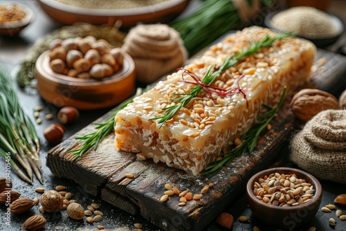 Delicious Traditional Azerbaijani Sweet Pastry Served With Nuts on Rustic Wooden Board