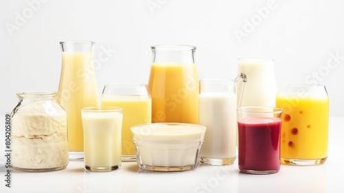 Various types of dairy products, cottage cheese, sour cream. White background. AI generated.