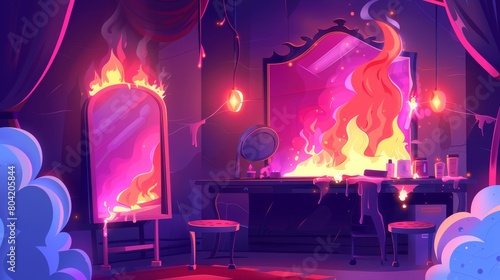 In the actor's makeup room, there is a fire with smoke clouds animated backstage. Scene of a theater dressing room with a flame in the wardrobe. Danger disaster concept with a celebrity-style