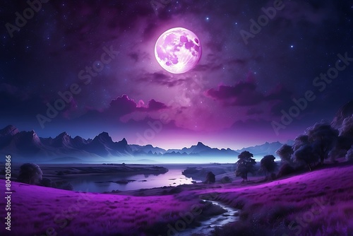 Full Moon Fantasy landscape with mountains and lake at night .